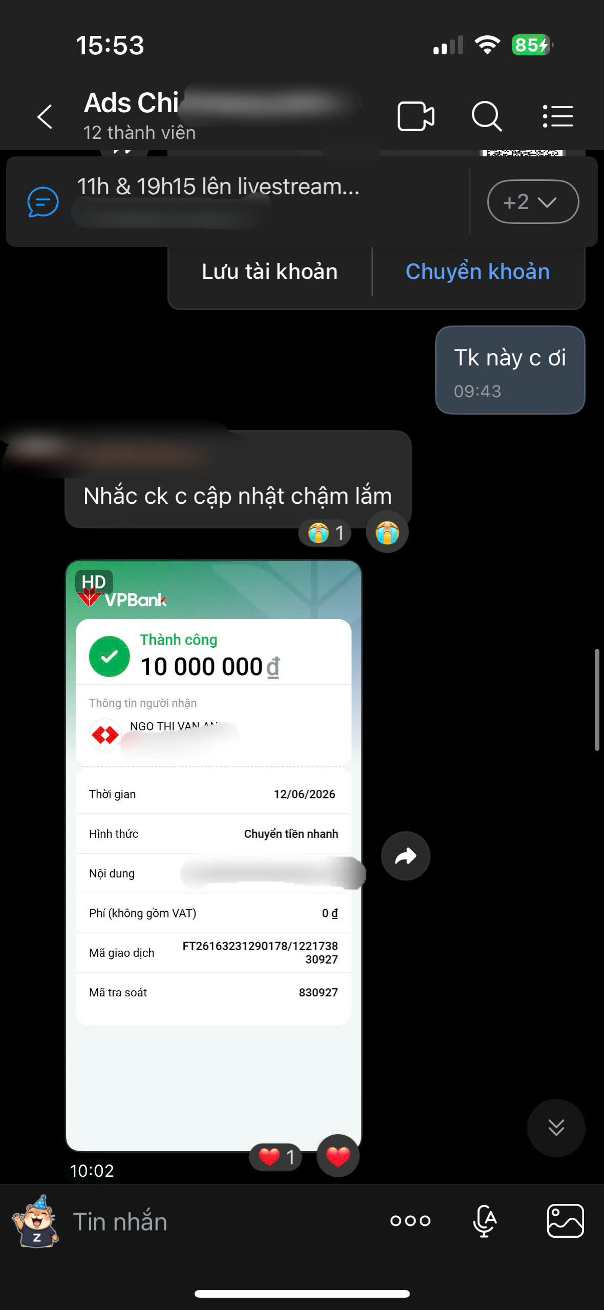 Bill chuyển khoản ngân sách quảng cáo của khách hàng