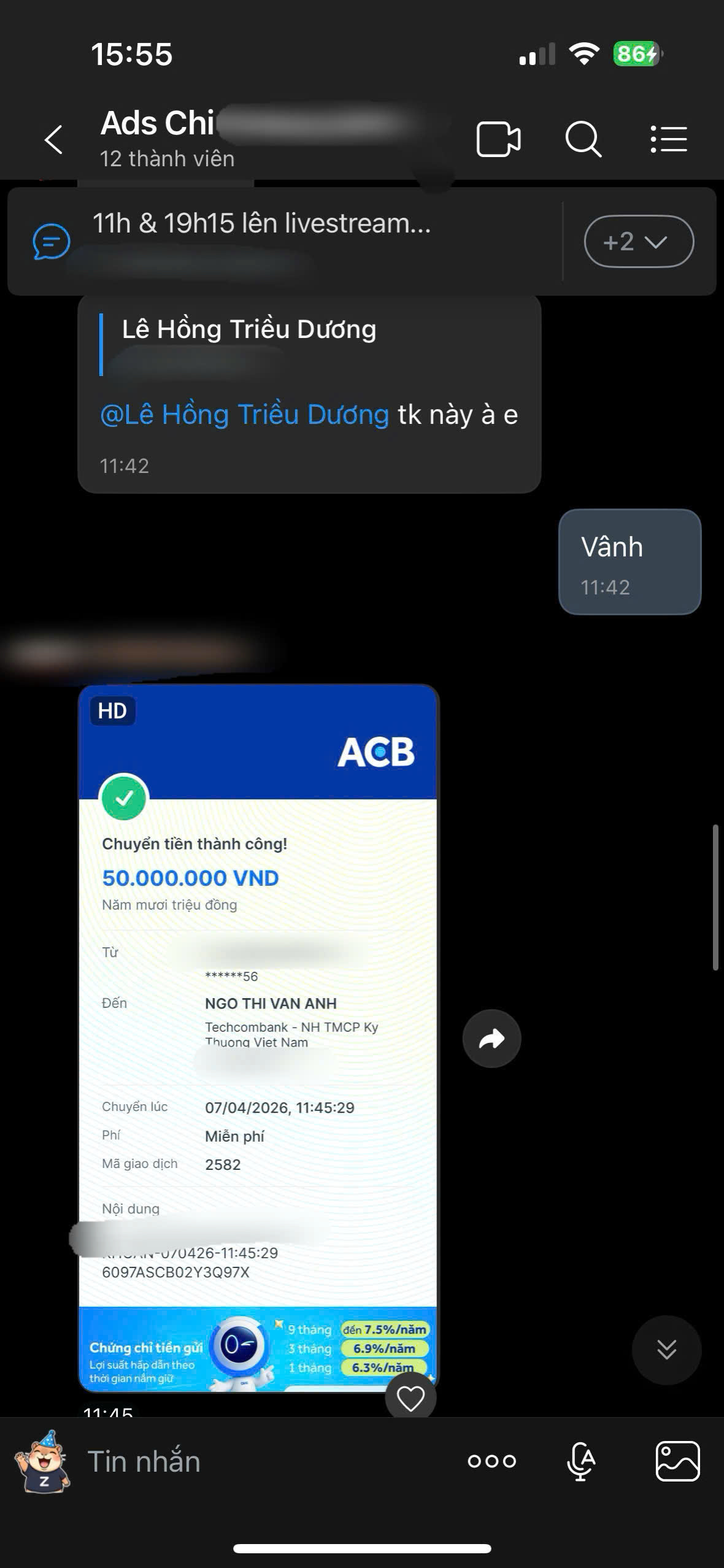 Tin nhắn trao đổi phiên live cùng chủ shop